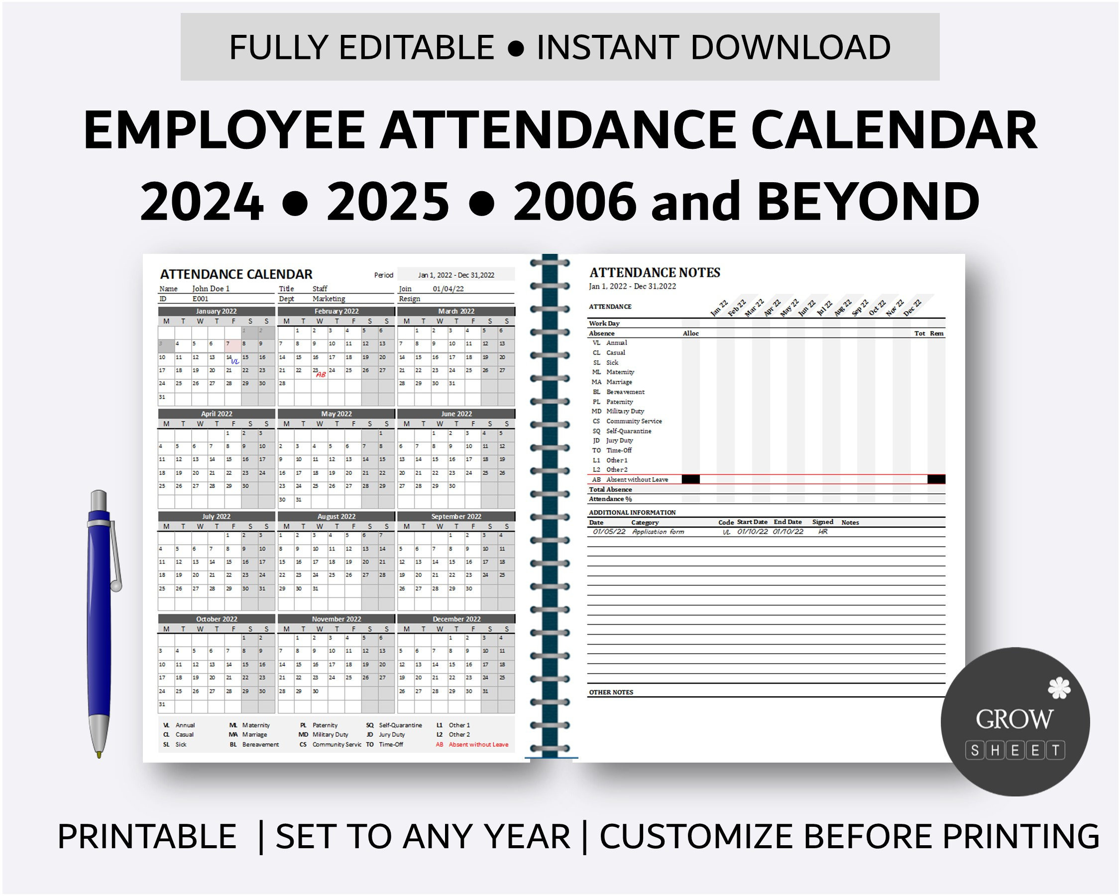 3 Ring Binder Calendar 2024 Attendance Calendar Work Tracker in PPE Employee Attendance Calendar 2026
