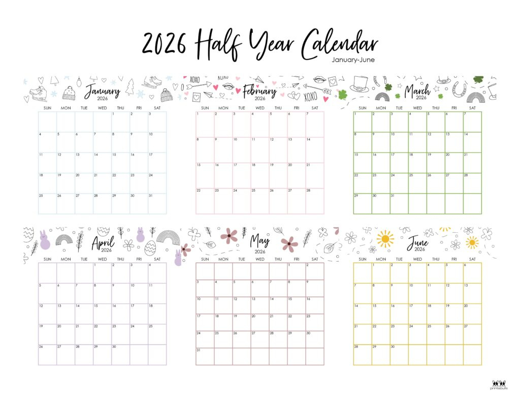 6 Month Calendars 2026 - 40 Free Calendars | Printabulls inside January To June 2026 Calendar Printable