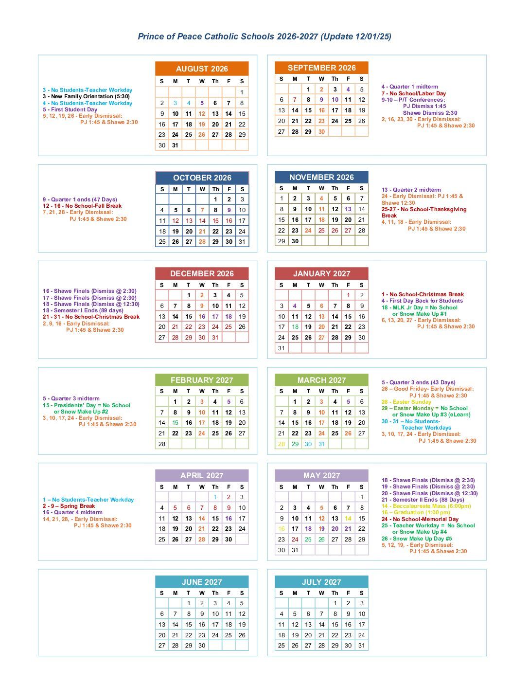 Academic &amp;amp; Lunch Calendars - Prince Of Peace Catholic Schools in Catholic School Calendar 2026 - 2027