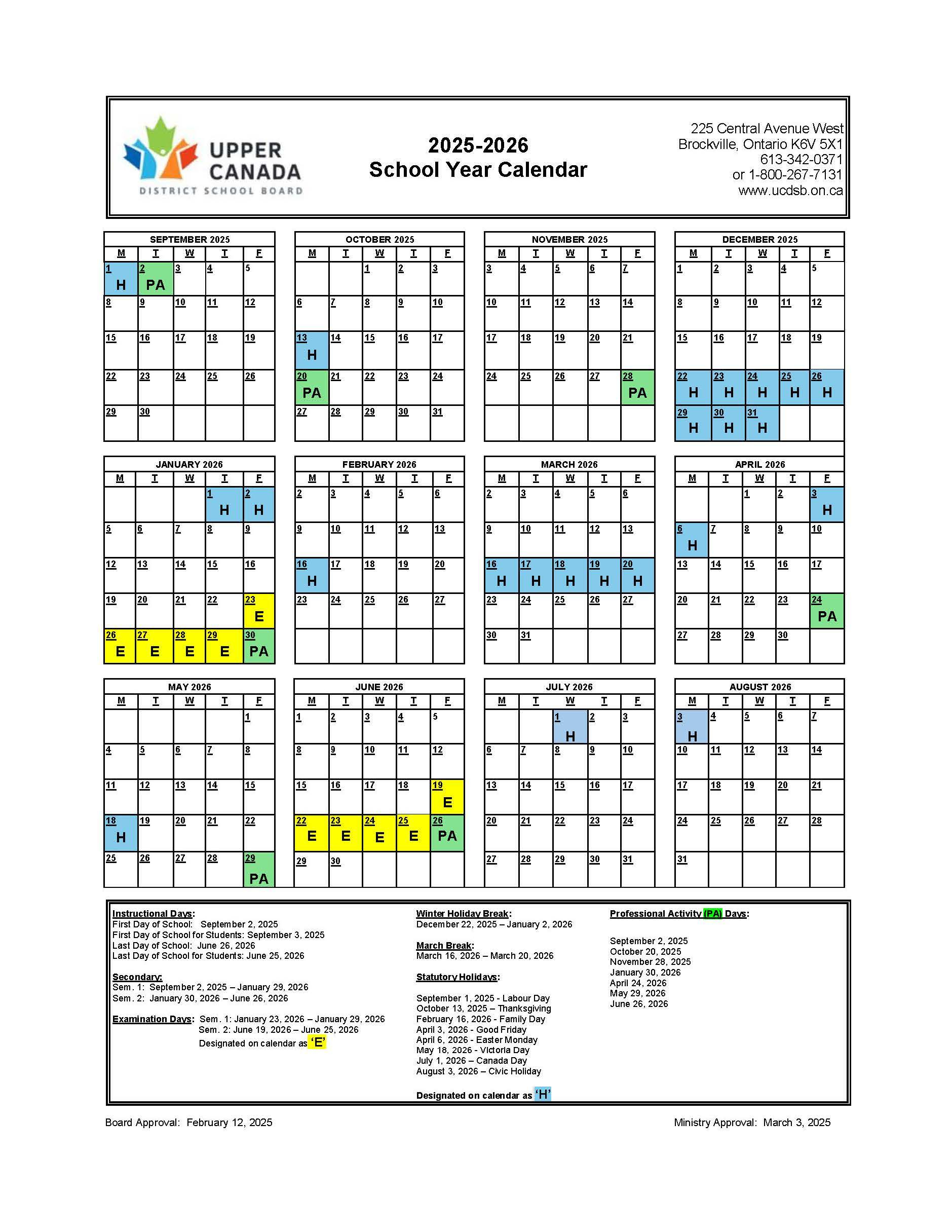 Approved 2025-2026 School Year Calendar - Upper Canada District inside Ottawa Catholic School Board Calendar 2026