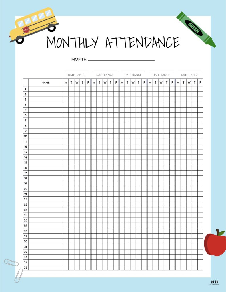 Attendance Sheets - 52 Free Printables | Printabulls for Class Attendance Register 2026