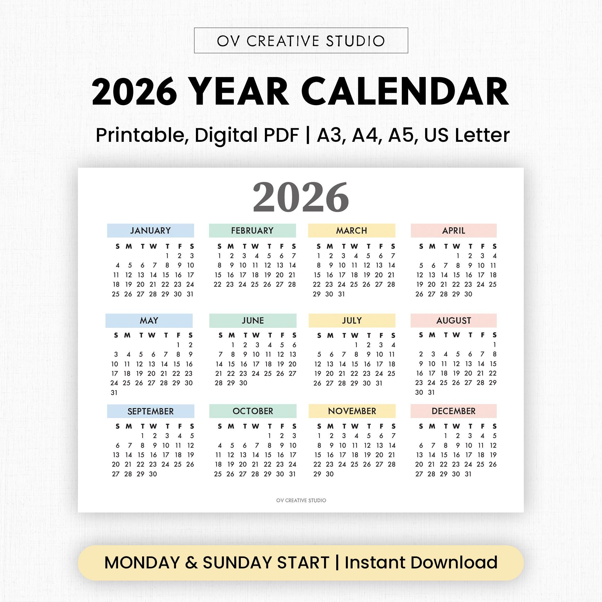 Buy 2026 Year Calendar Printable | Year At A Glance | Digital with At a Glance Calendars For 2026