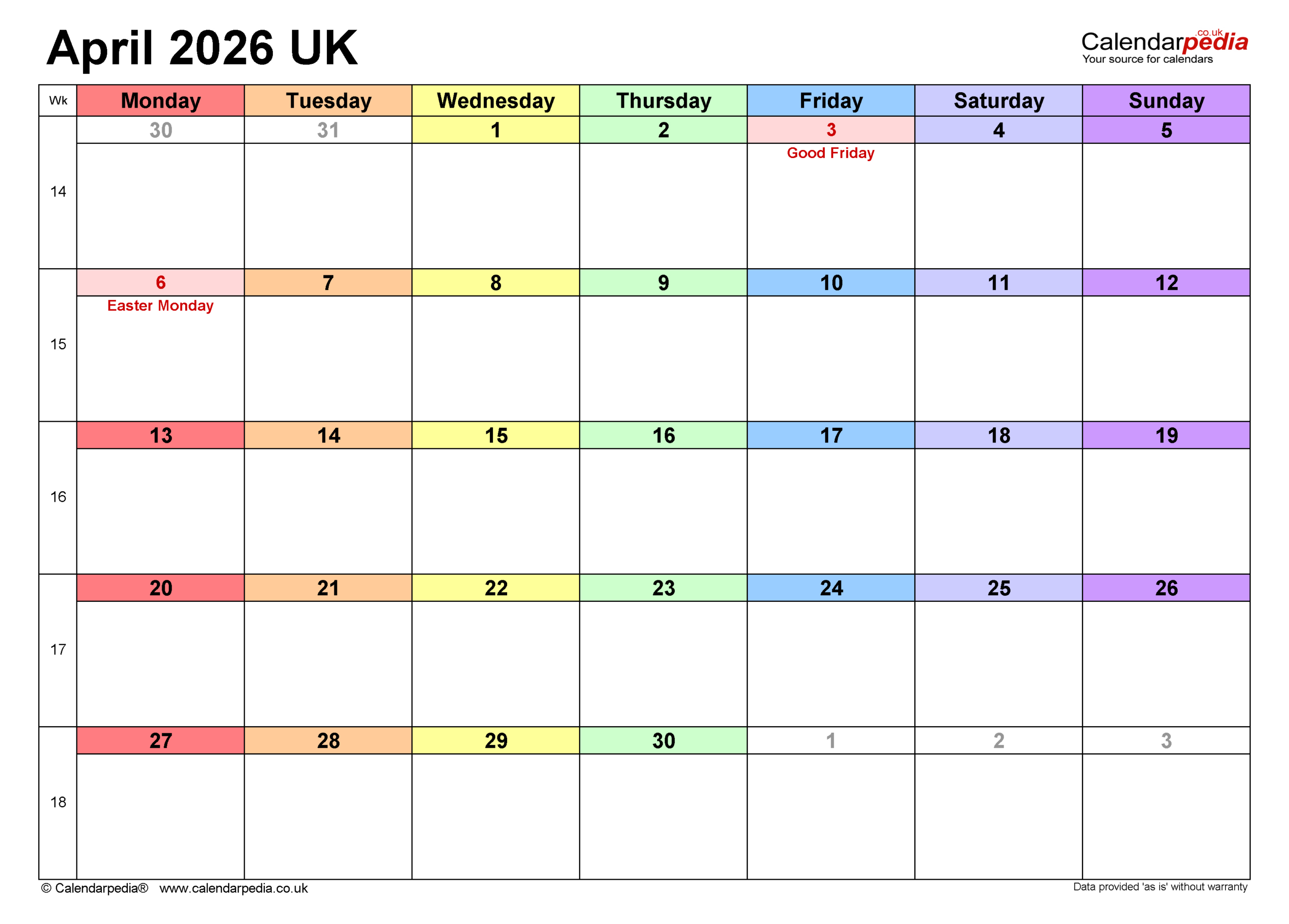 Calendar April 2026 Uk With Pdf, Excel And Word Templates regarding Attendance Sheet April 2026