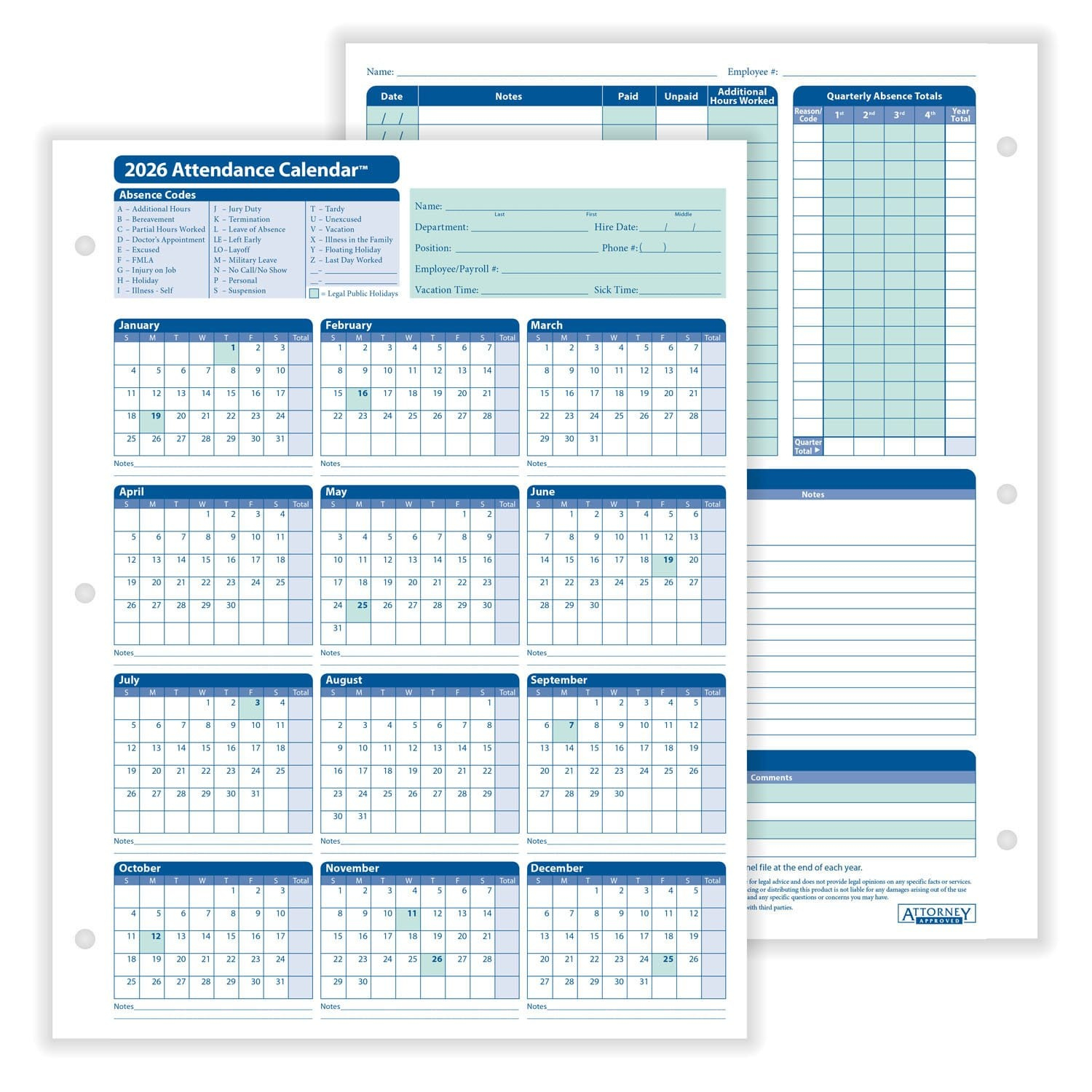 Complyright 2026 Attendance Calendar In White - 50/Pack pertaining to Complyright Attendance Calendar 2026