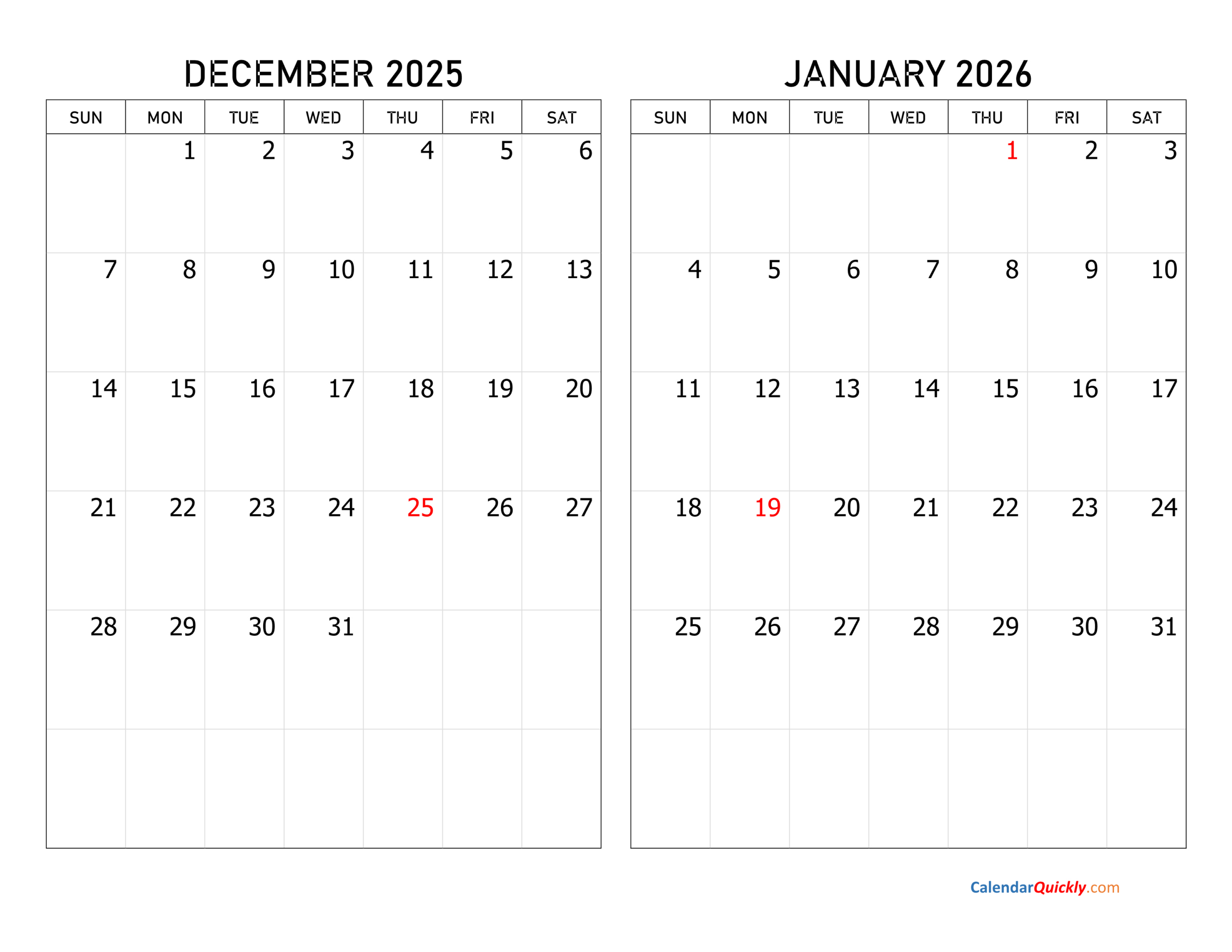 December 2025 And January 2026 Calendar | Calendar Quickly with regard to Printable December 2025 - January 2026 Calendar