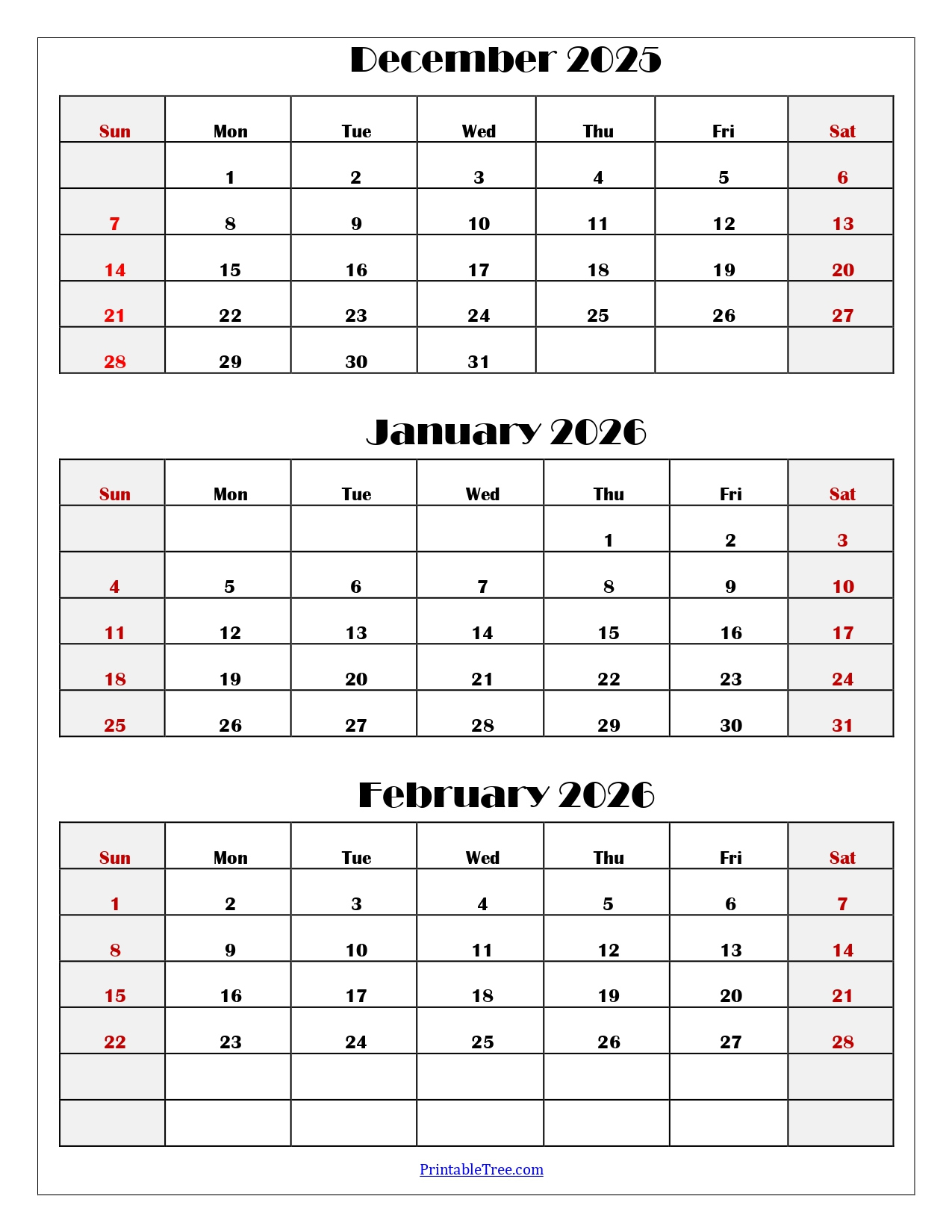 December To February 2026 Calendar Printable Pdf | Three Months inside December 2025 - January 2026 February Calendar Printable