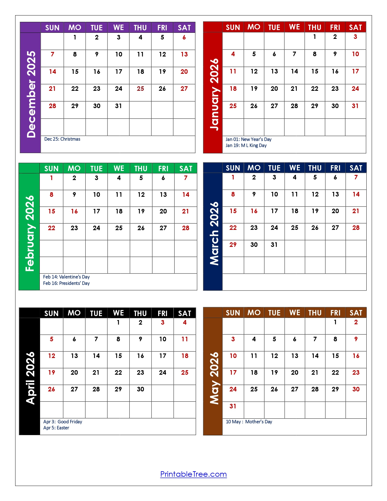 December To May 2026 Calendar Printable Pdf | Six Months Calendar with Attendance Sheet May 2026