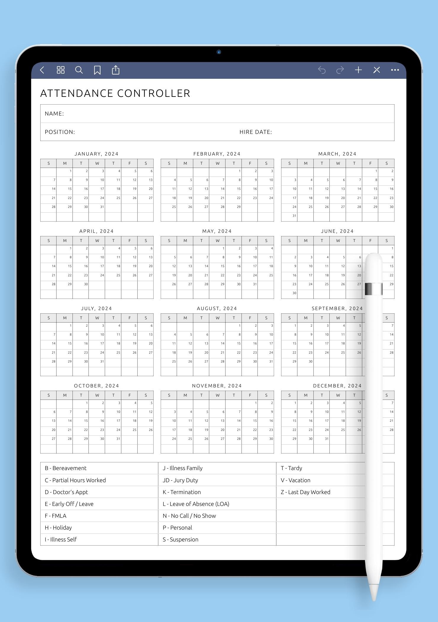 Download Printable Attendance Controller Template Pdf in Free Printable Employee Attendance Calendar