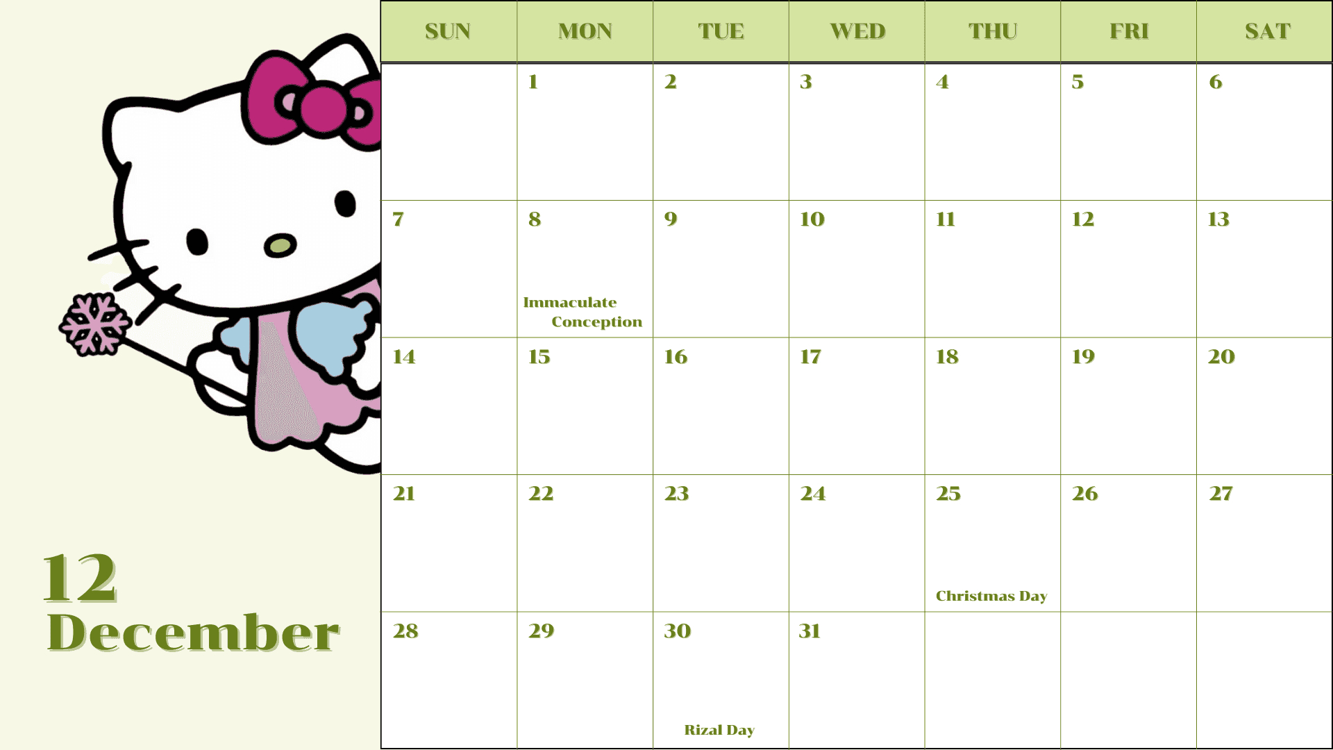 ❆ 2025 - Hello Kitty Calendar - Canva-Template ❆Kjc for Hello Kitty December 2025 Calendar
