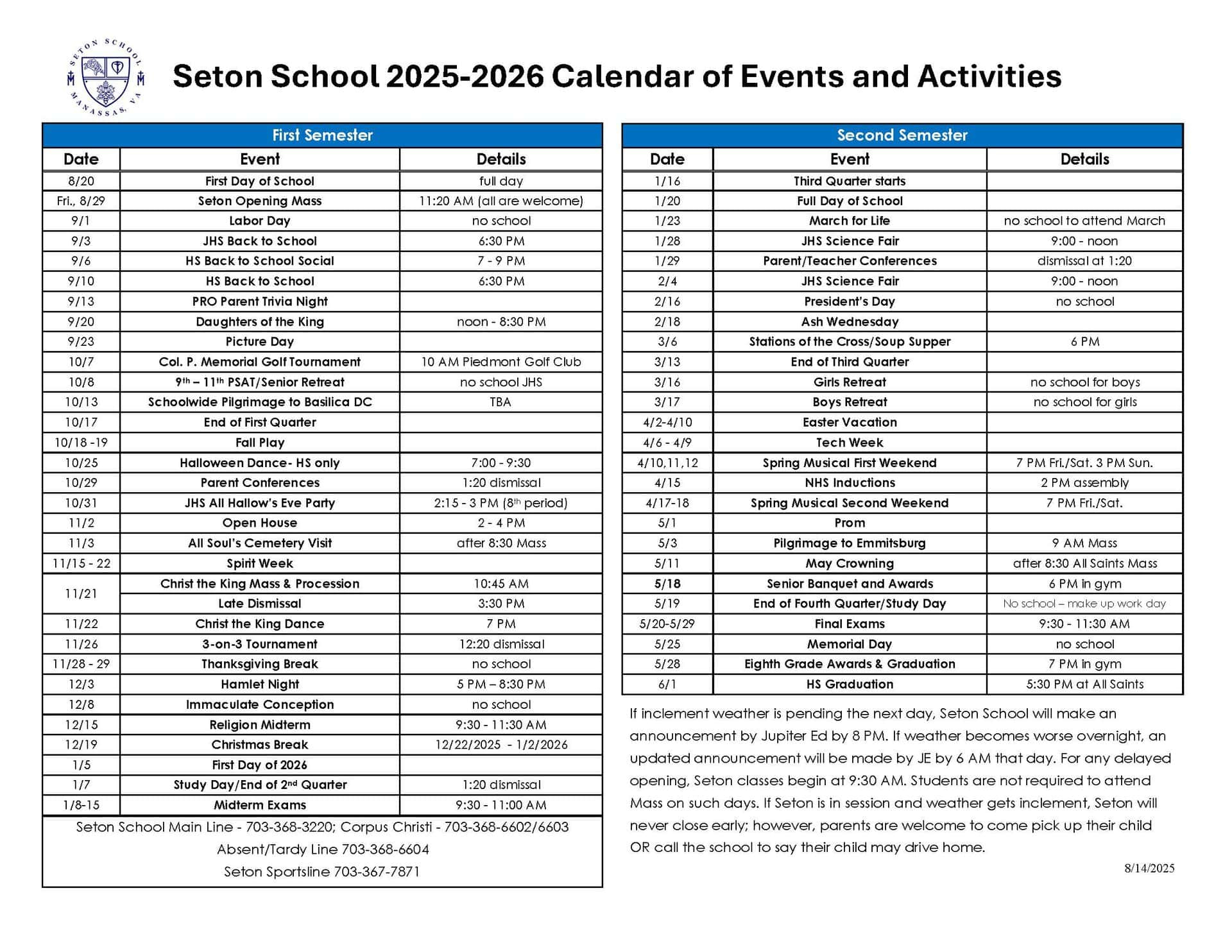 Events Calendar | Seton School Manassas inside Seton Catholic College Calendar 2026