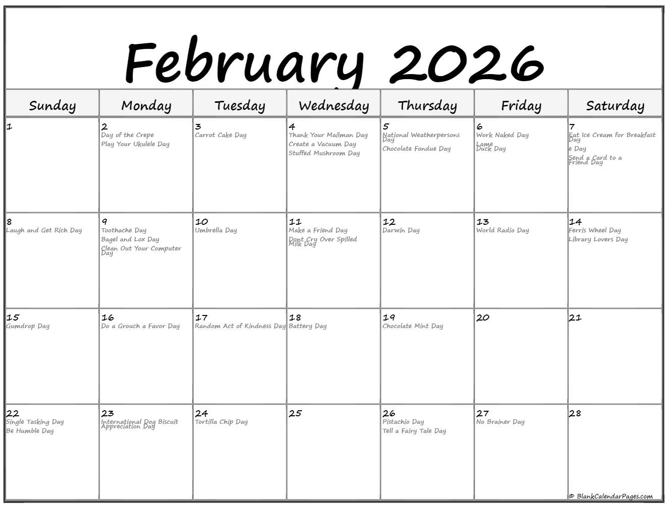 February 2026 With Holidays Calendar intended for National Day Calendar February 2026