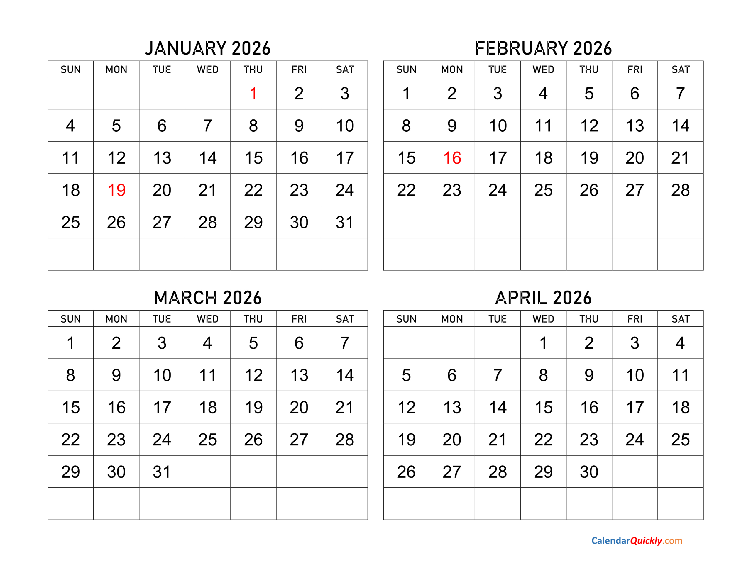 Four Months 2026 Calendar | Calendar Quickly throughout January February March 2026 Calendar Printable