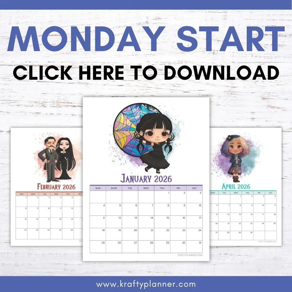 Free 2026 Wednesday Addams Calendar — Krafty Planner in How Many Wednesdays Are There In 2026?