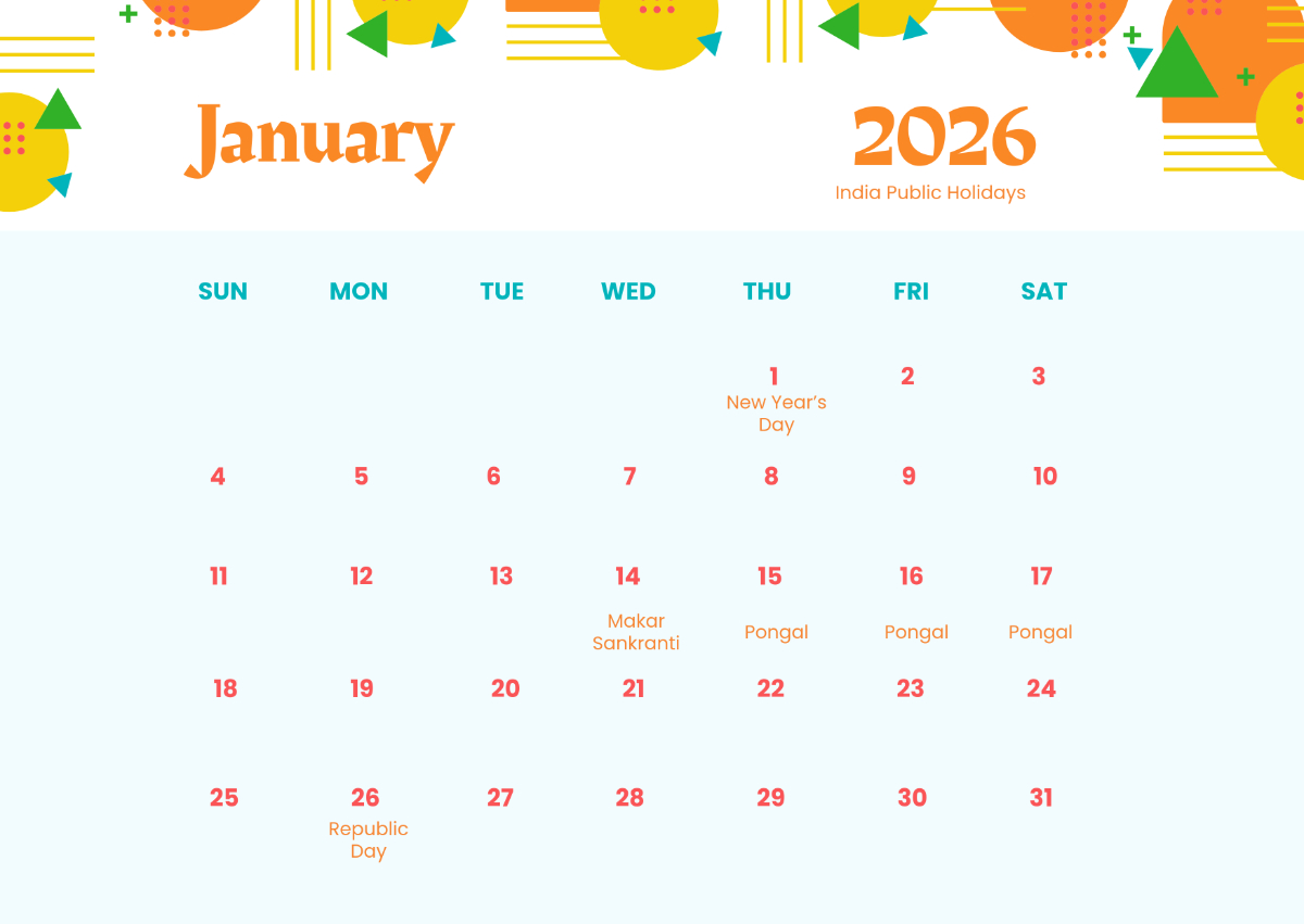 Free Creative January 2026 India Calendar Template To Edit Online for January 2026 Calendar With Indian Holidays Printable