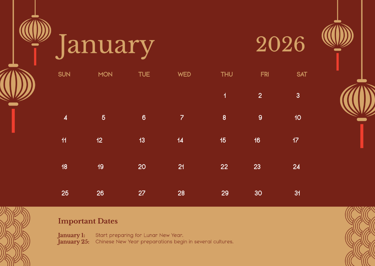 Free January 2026 Lunar Calendar Template To Edit Online throughout Chinese Calendar 2026 Printable