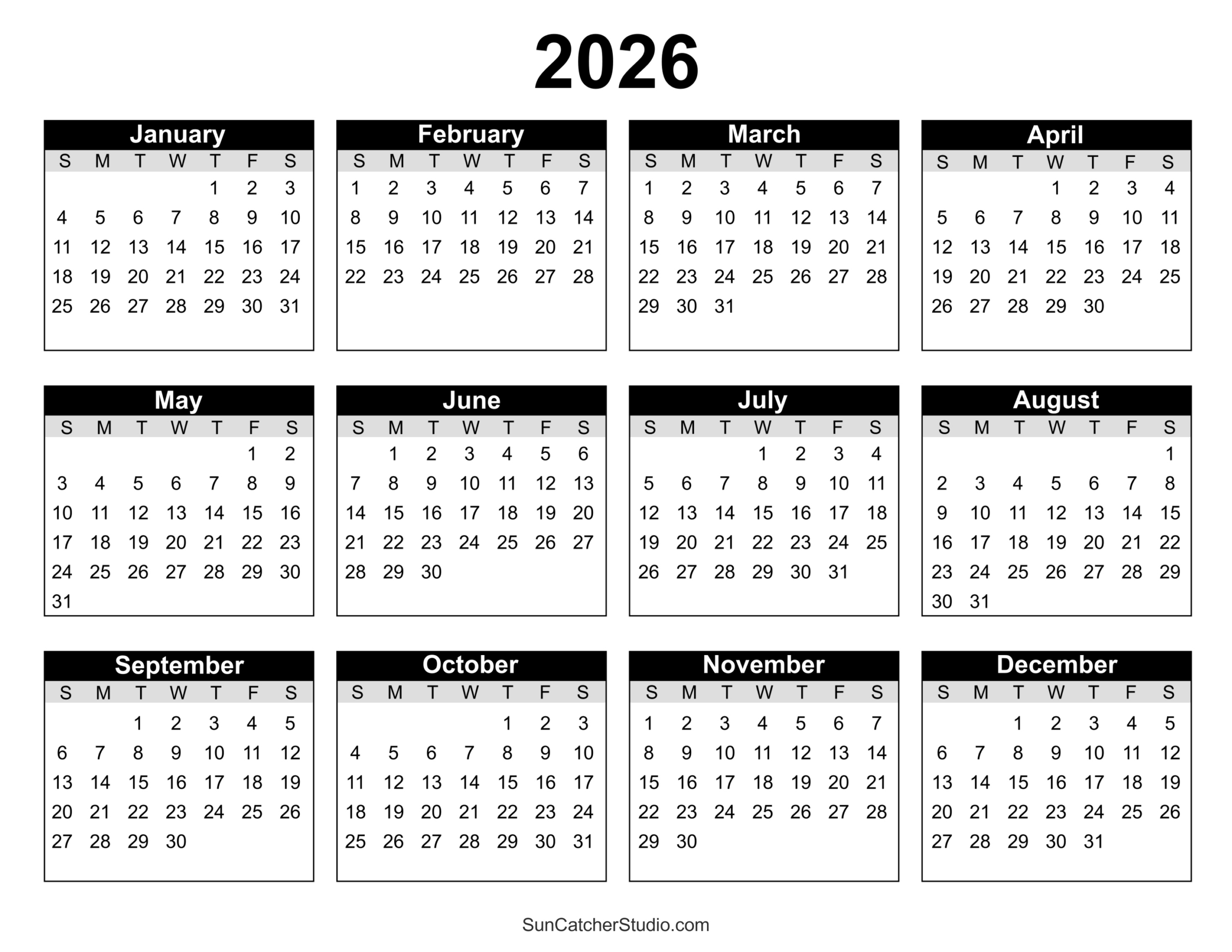 Free Printable 2026 Yearly Calendar – Free Printables, Lettering with Yearly Calendar 2026 Printable