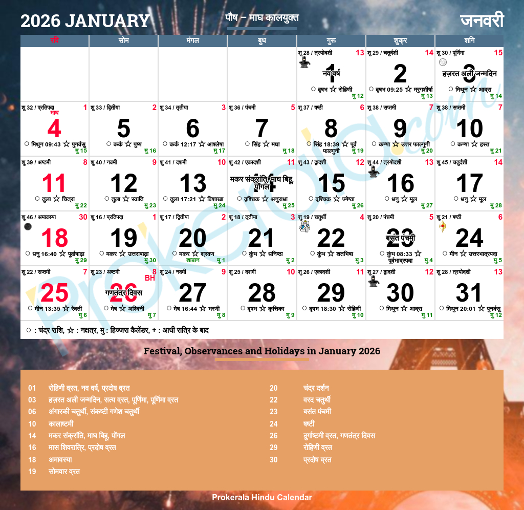 Hindu Calendar 2026, January in January 2026 Calendar With Indian Holidays Printable