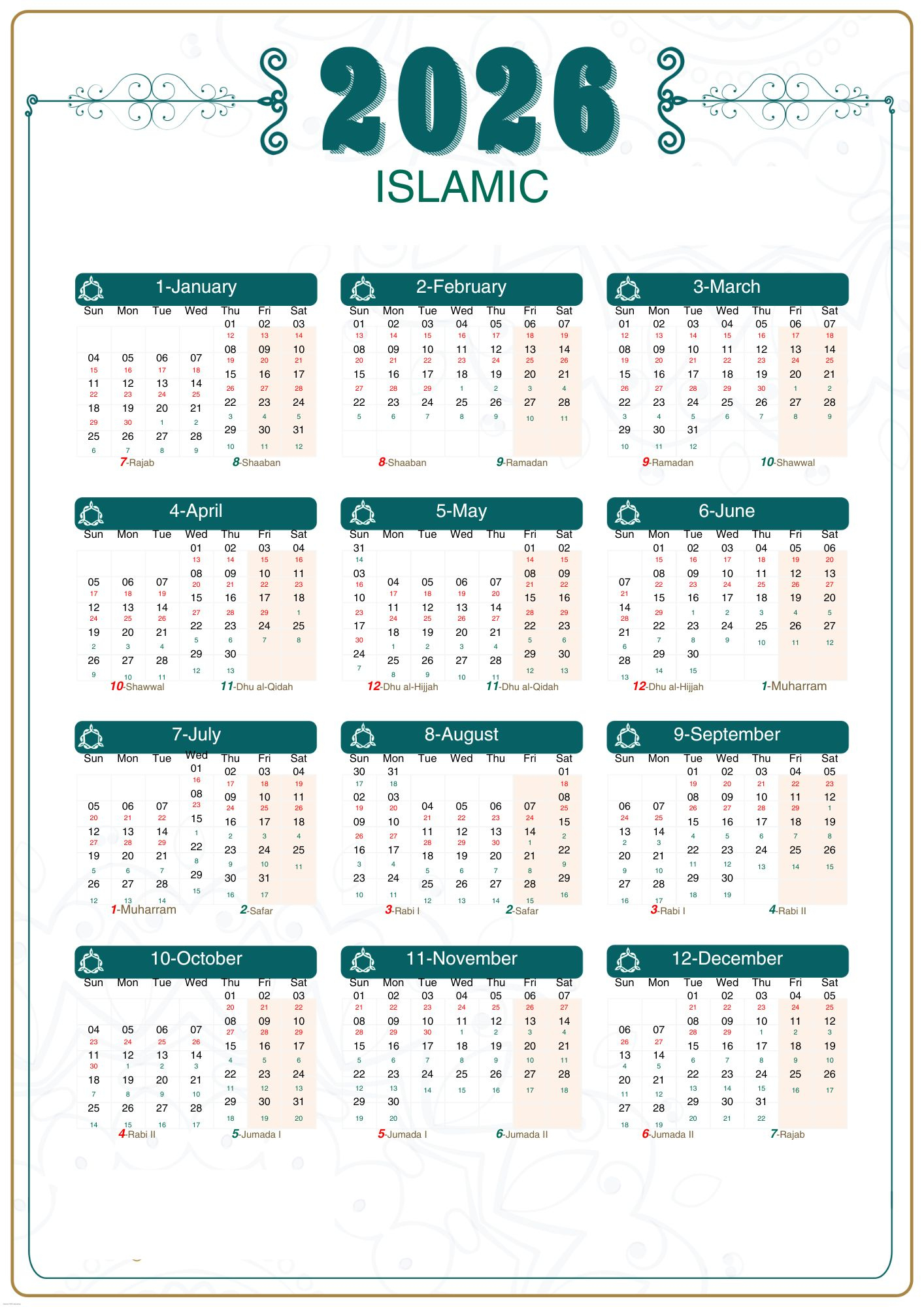 Islamic Calendar 2026 [Hijri Calendar 1448] inside Islamic Calendar 2026 South Africa