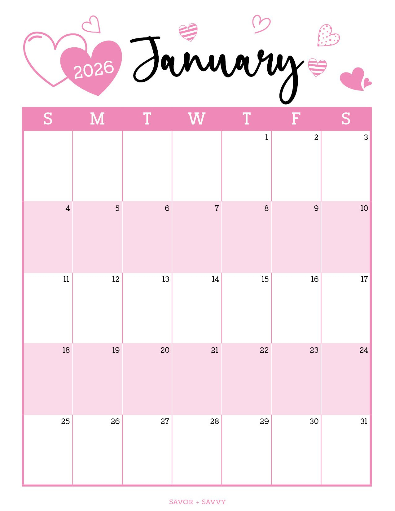January 2026 Calendar Templates - 14 Free Printables - Savor + Savvy pertaining to January 2026 Calendar Printable Pink
