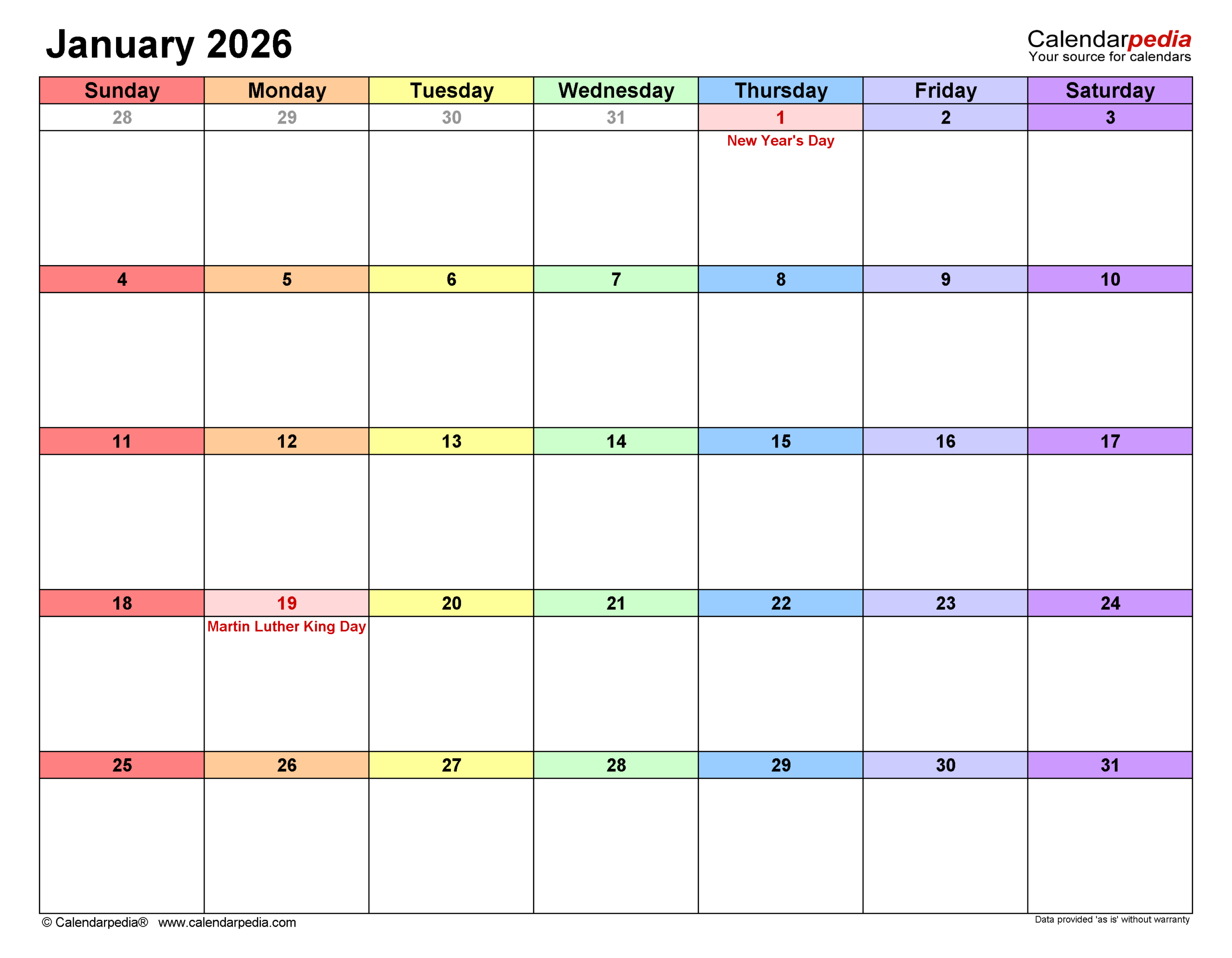 January 2026 Calendar | Templates For Pdf, Excel And Word in Attendance Sheet January 2026