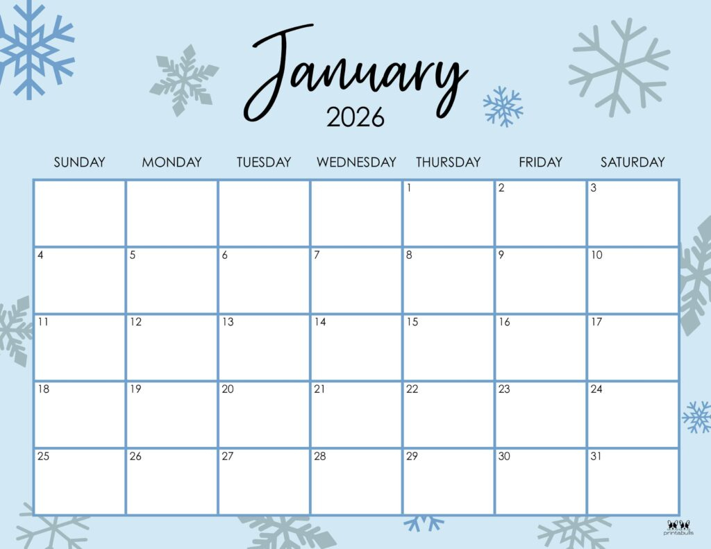 January 2026 Calendars - 123 Free Printables | Printabulls inside January 2026 Calendar with Holidays Printable