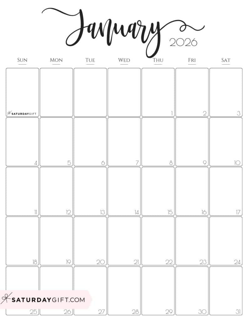 January 2026 Calendars - 23 Cute Free Printable Pdfssaturdaygift in January 2026 Calendar Printable Vertical
