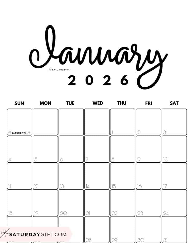 January 2026 Calendars - 23 Cute Free Printable Pdfssaturdaygift intended for January 2026 Calendar Vertical Printable