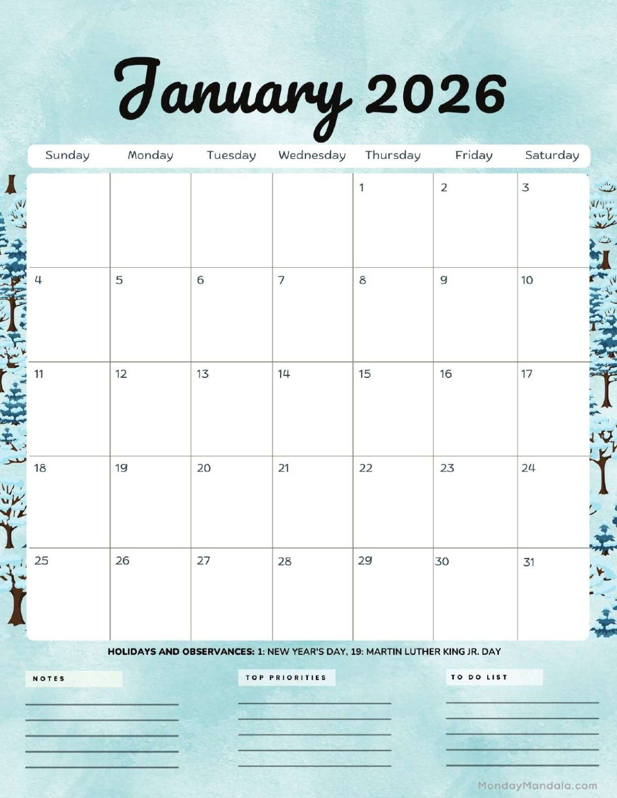 January 2026 Calendars (Free Pdf Printables) for January 2026 Calendar Printable Portrait