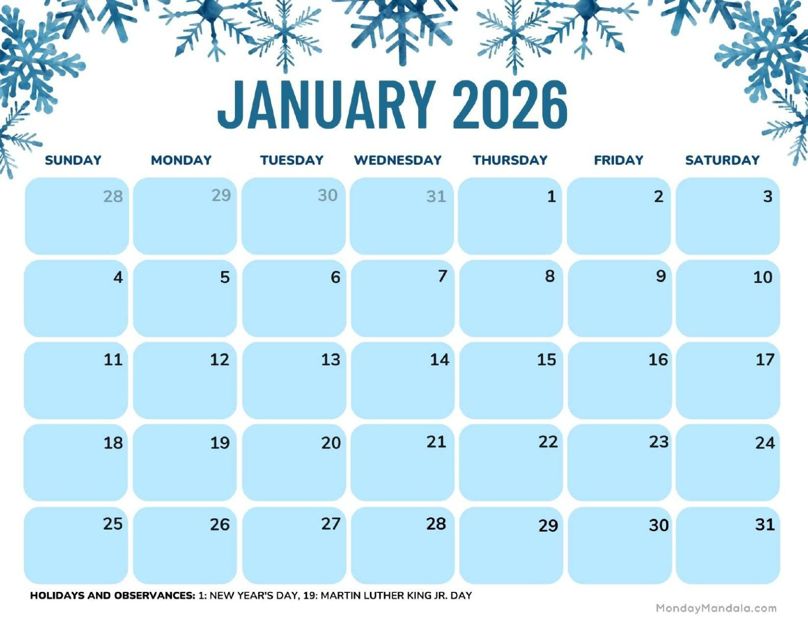 January 2026 Calendars (Free Pdf Printables) regarding January 2026 Calendar Printable Monday Start
