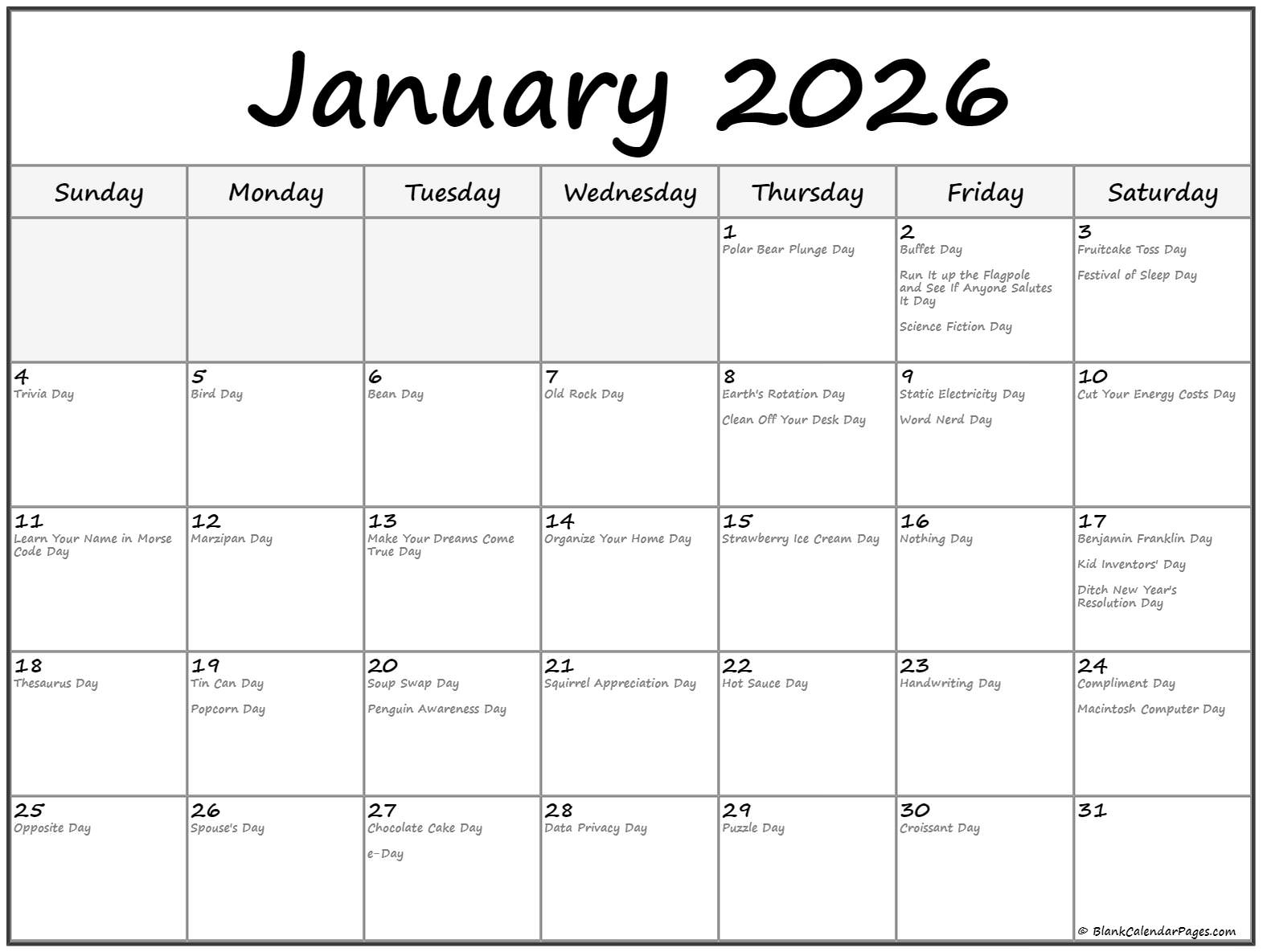 January 2026 With Holidays Calendar for January 14 2026 National Day