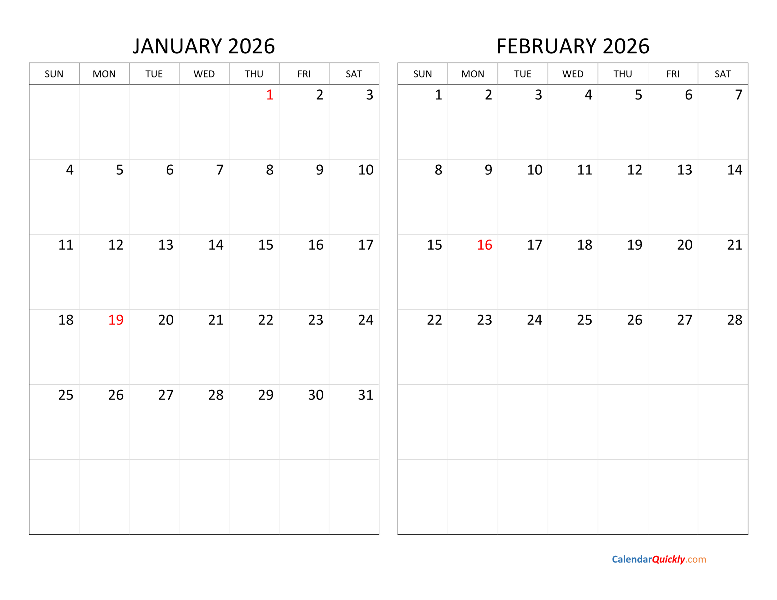 January And February 2026 Calendar | Calendar Quickly throughout Printable Calendar January February 2026