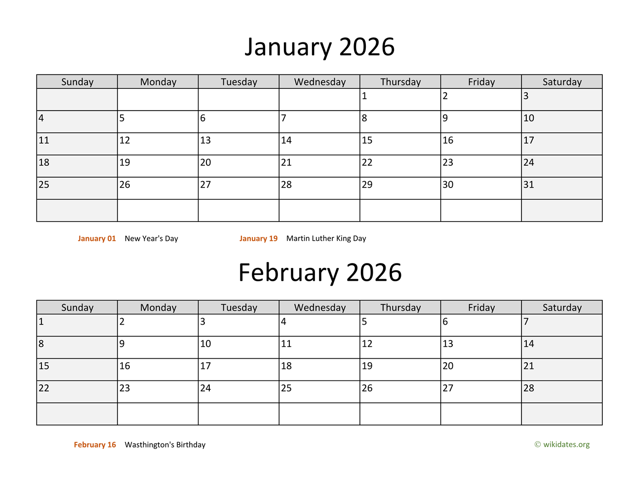 January And February 2026 Calendar | Wikidates within January And February 2026 Calendar Printable