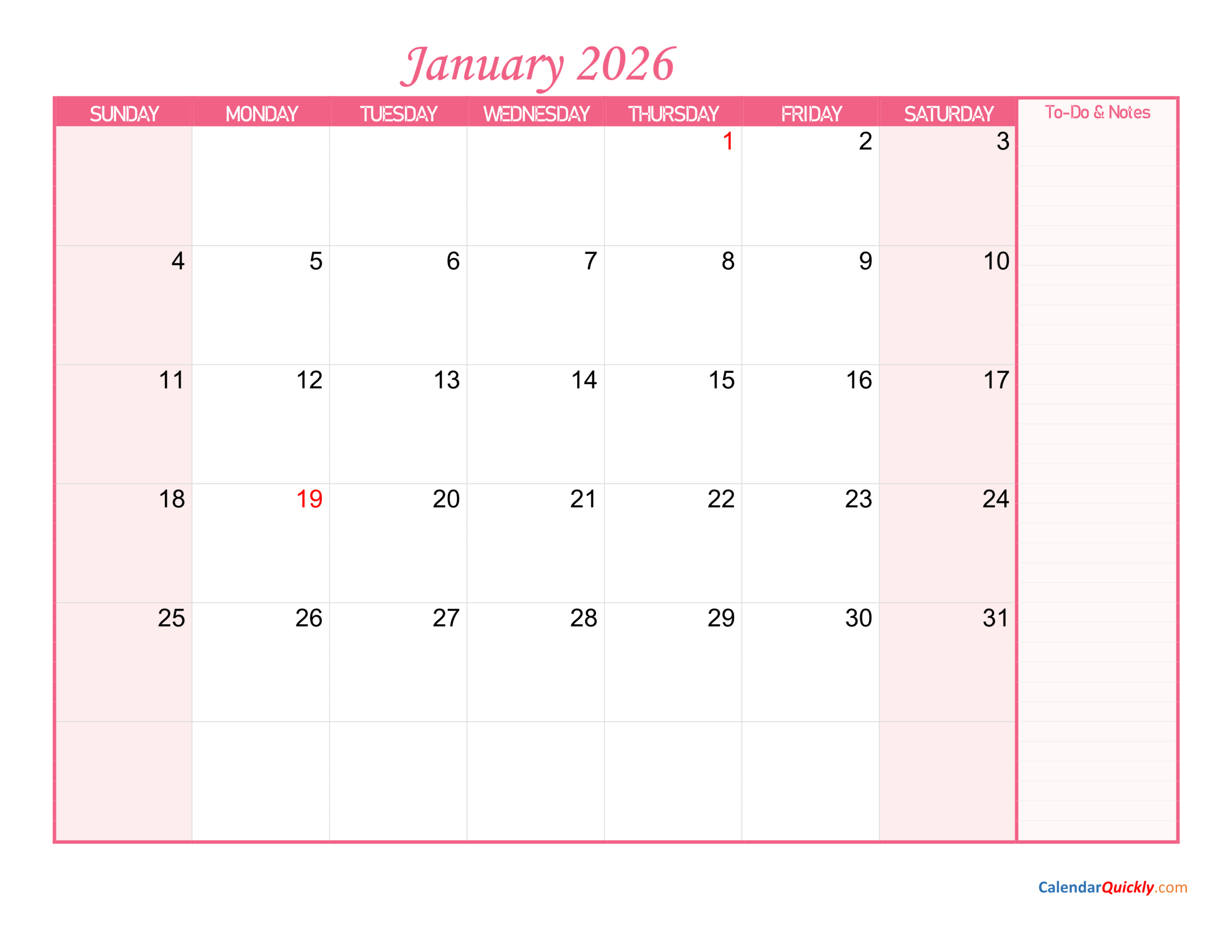 January Calendar 2026 With Notes | Calendar Quickly inside January 2026 Calendar Printable Pink