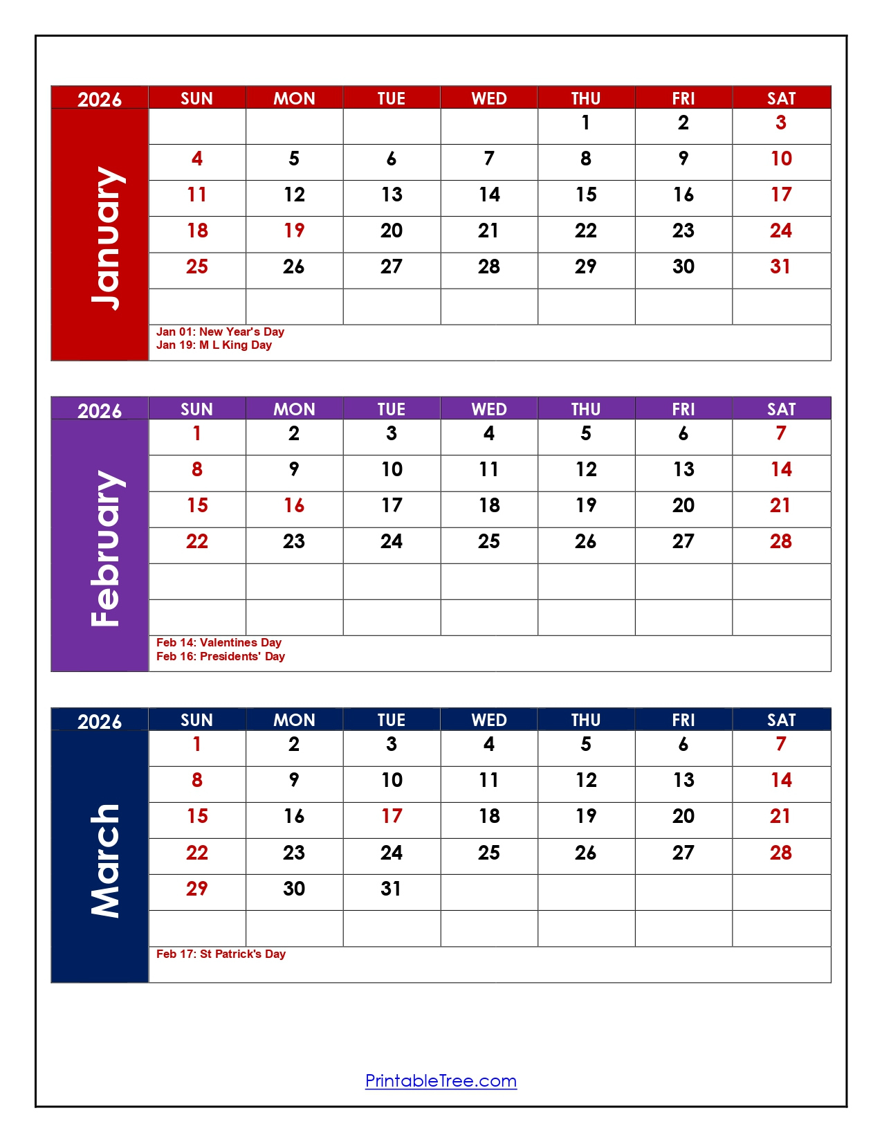 January To March 2026 Calendar- Three Month Calendar intended for January February March 2026 Calendar Printable