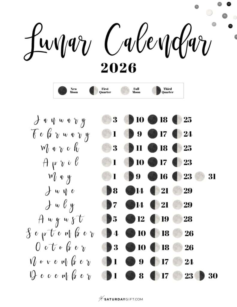 Lunar Calendar 2026 - 12 Moon Phase Calendar Printables regarding Moon Phase Calendar 2026 Usa