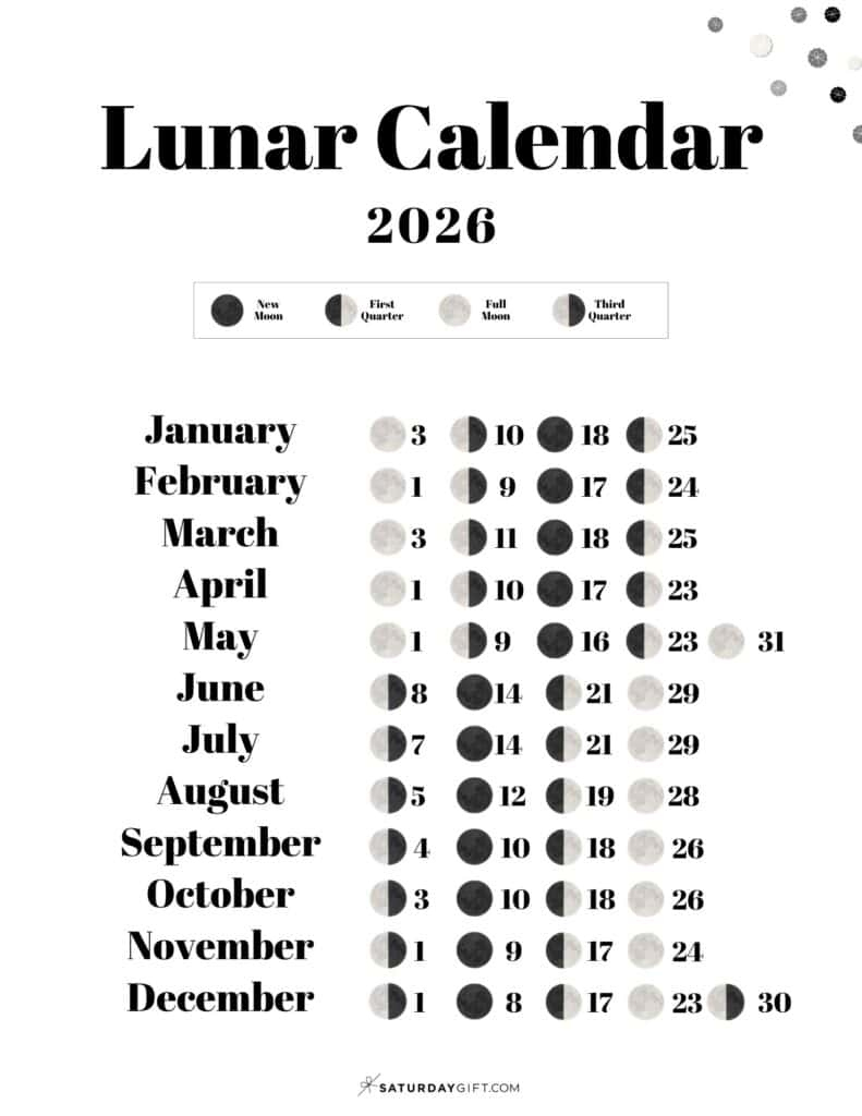 Lunar Calendar 2026 - 12 Moon Phase Calendar Printables throughout Moon Phase Calendar 2026