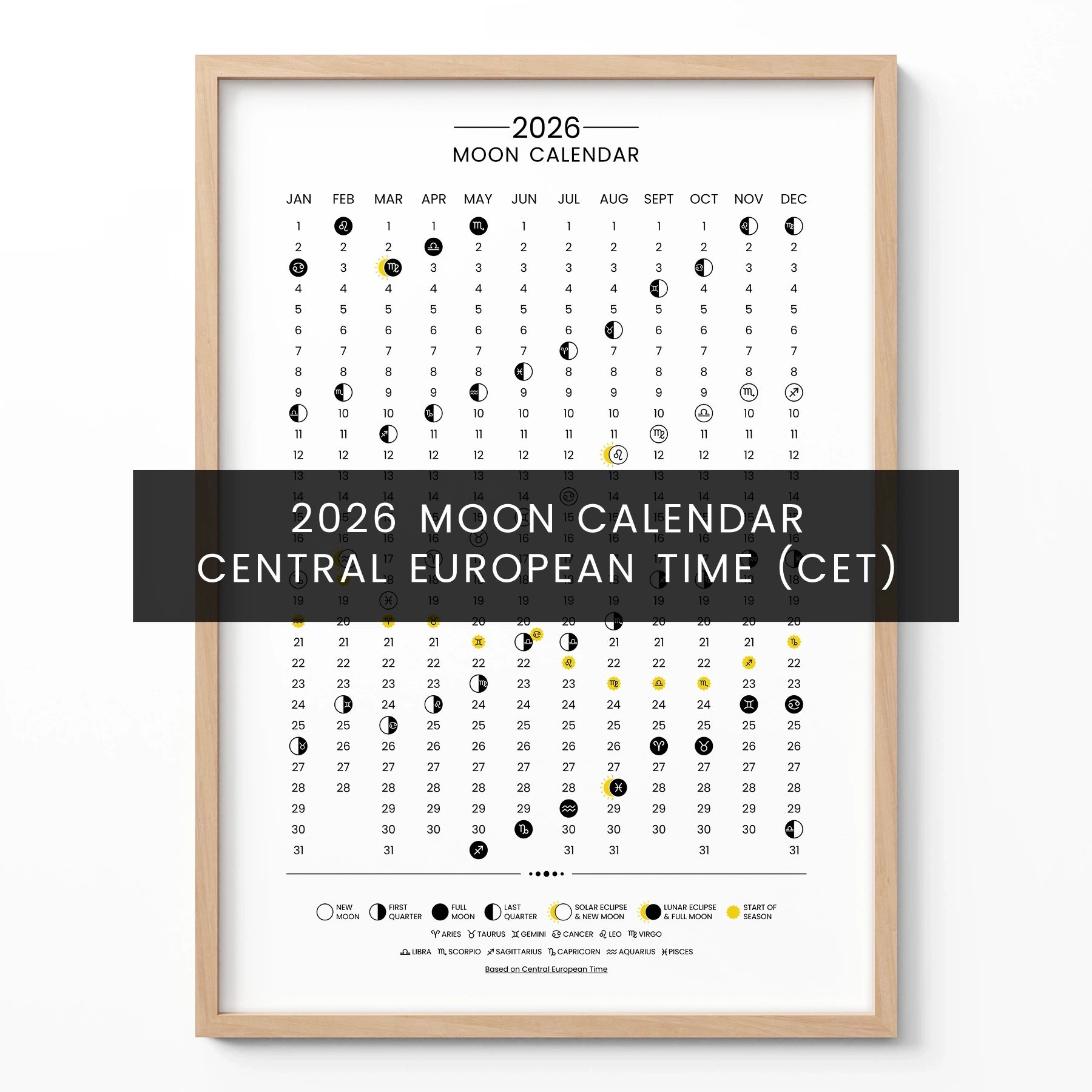 Lunar Calendar 2026 Poster – Moon Phases Wall Art (Cet) inside New Moon and Full Moon Calendar 2026