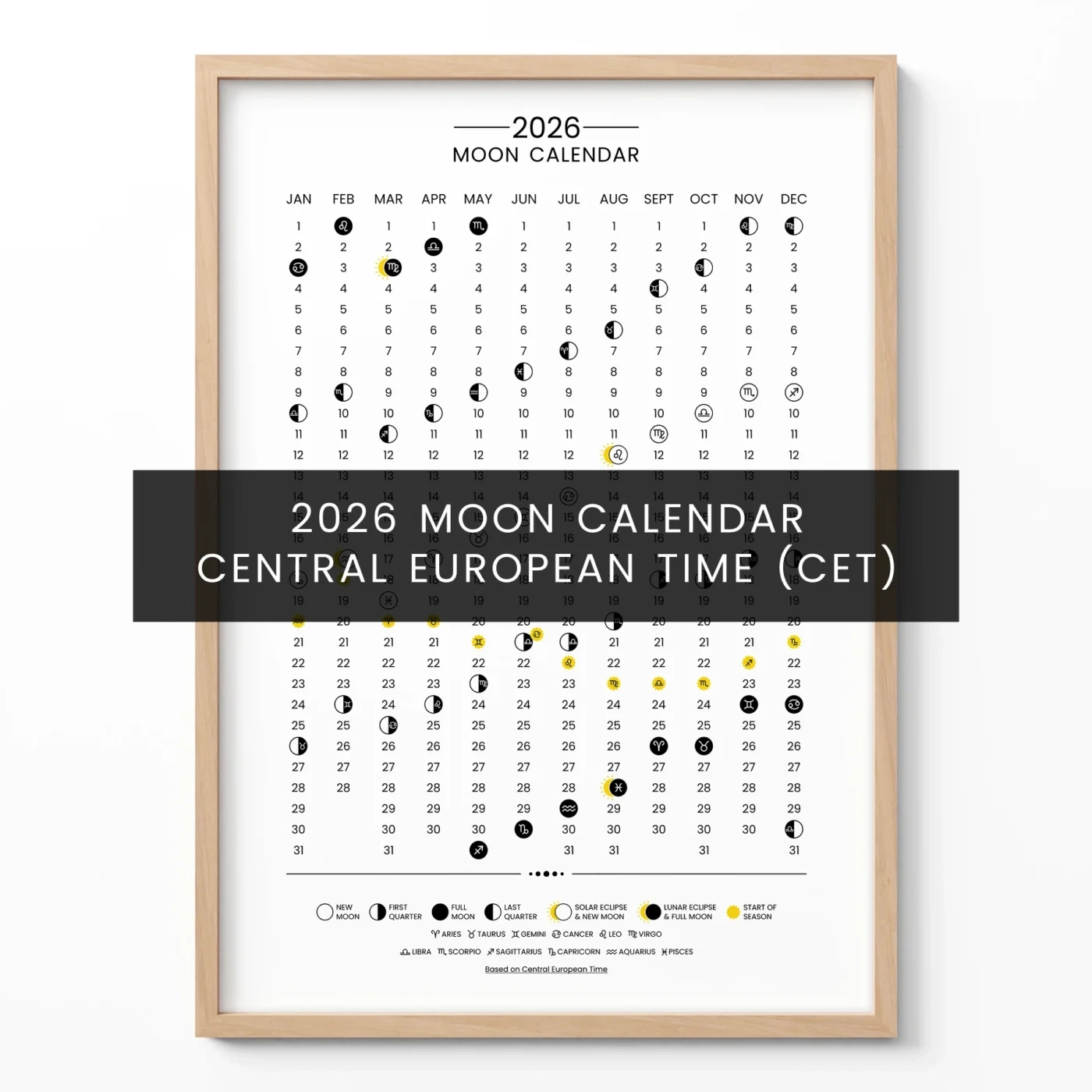 Lunar Calendar 2026 Poster – Moon Phases Wall Art (Cet) within Moon Phase Calendar 2026