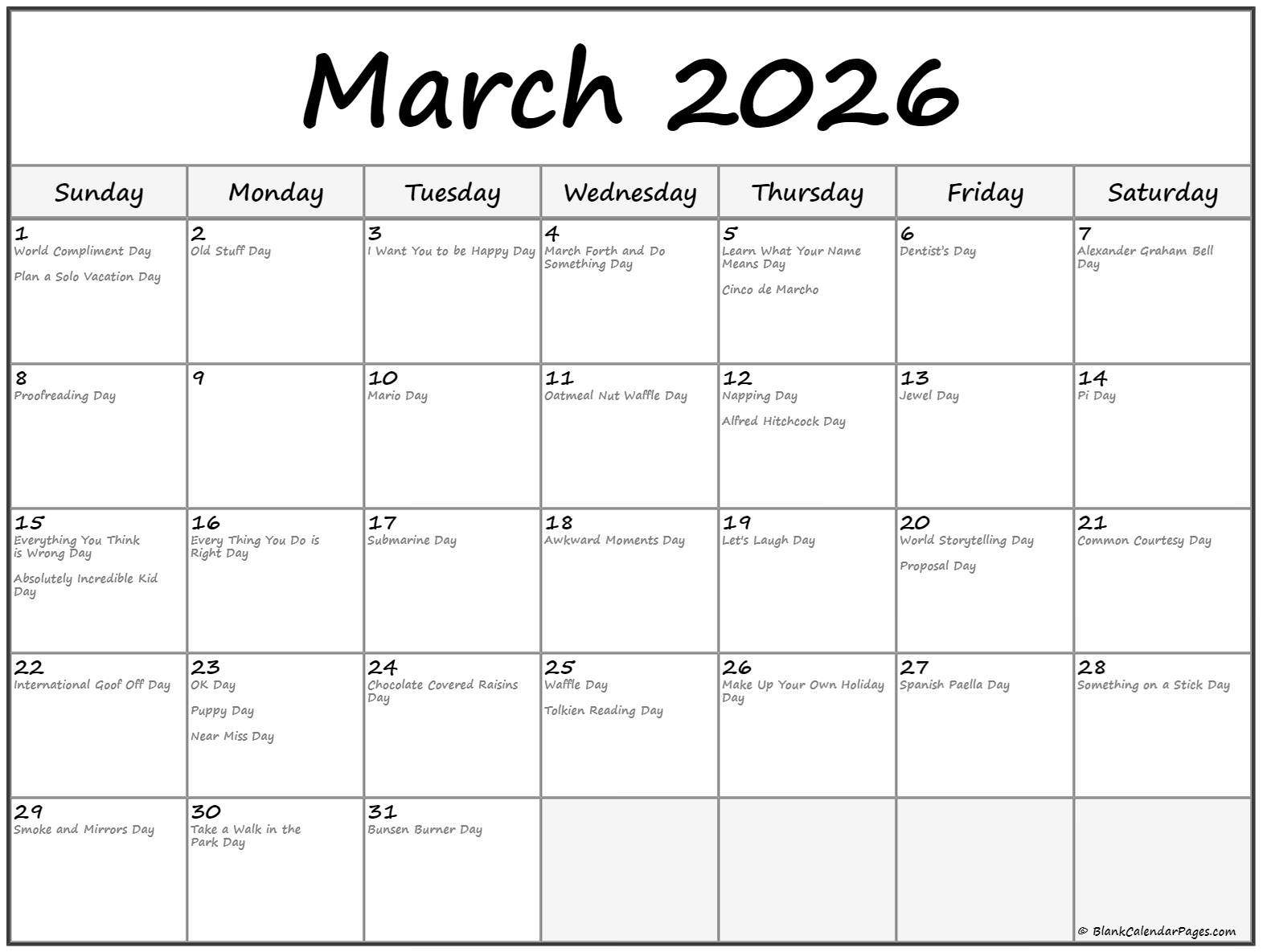 March 2026 With Holidays Calendar throughout National Day Calendar March 2026