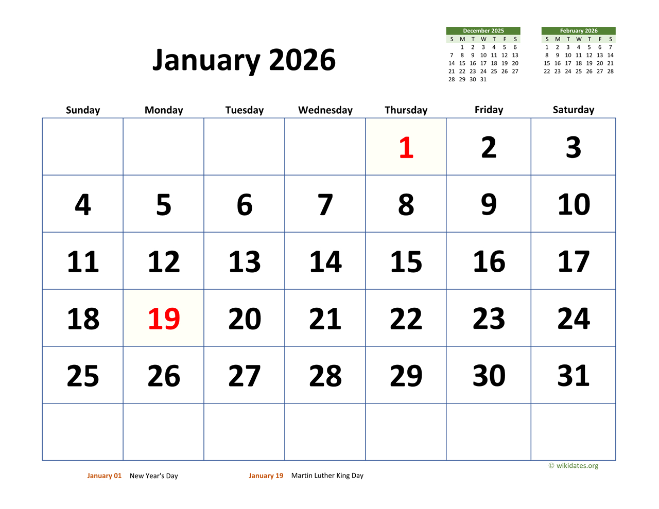 Monthly 2026 Calendar With Extra-Large Dates | Wikidates for January 2026 Calendar Printable Wiki