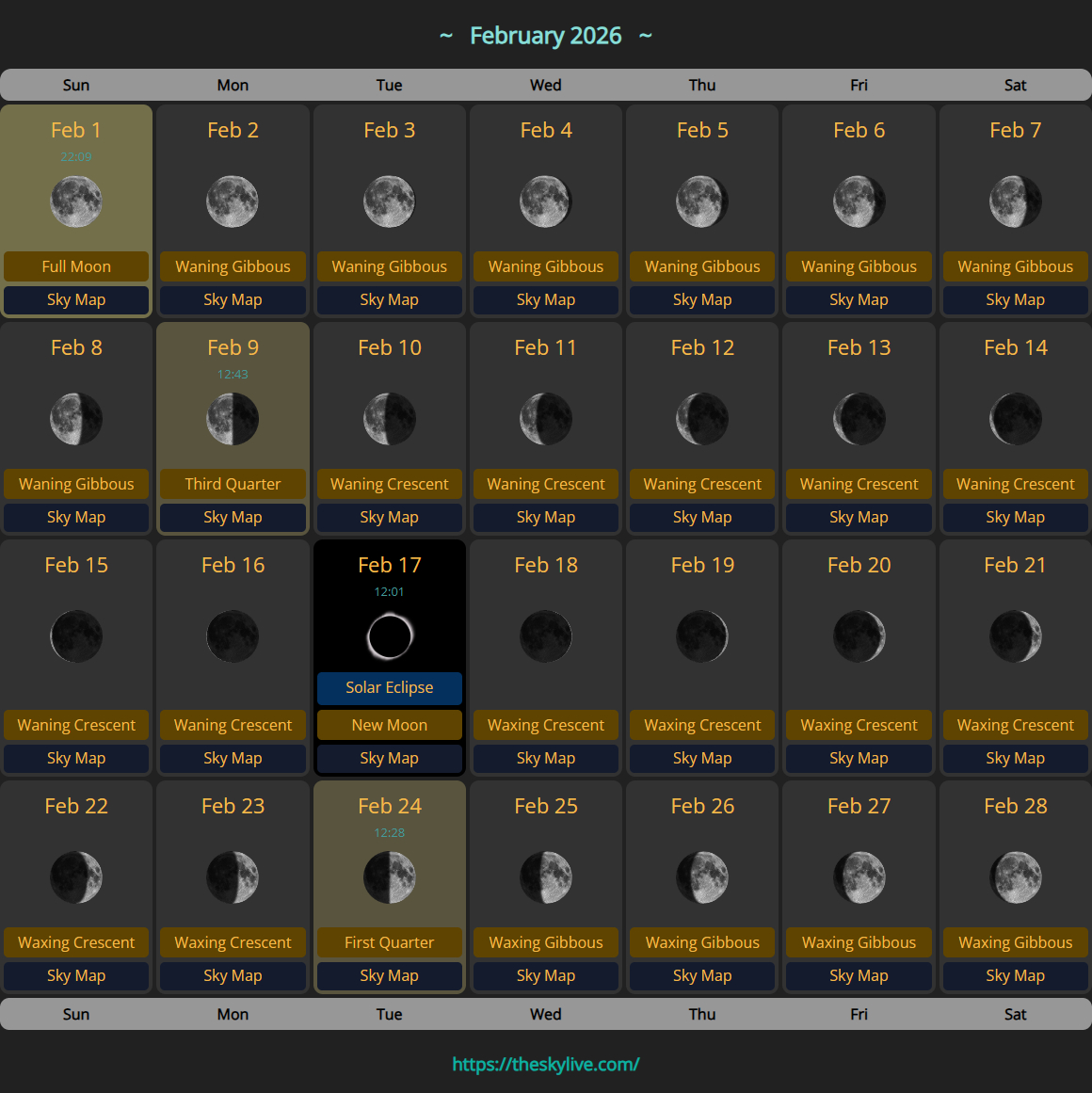 Moon Calendar: February 2026 | Theskylive throughout Moon Phase Calendar 2026 February