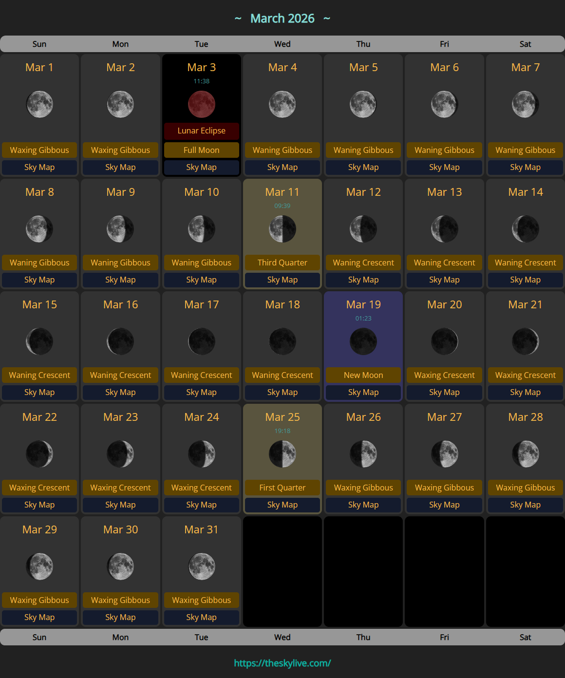 Moon Calendar: March 2026 | Theskylive within March 2026 Moon Phase Calendar