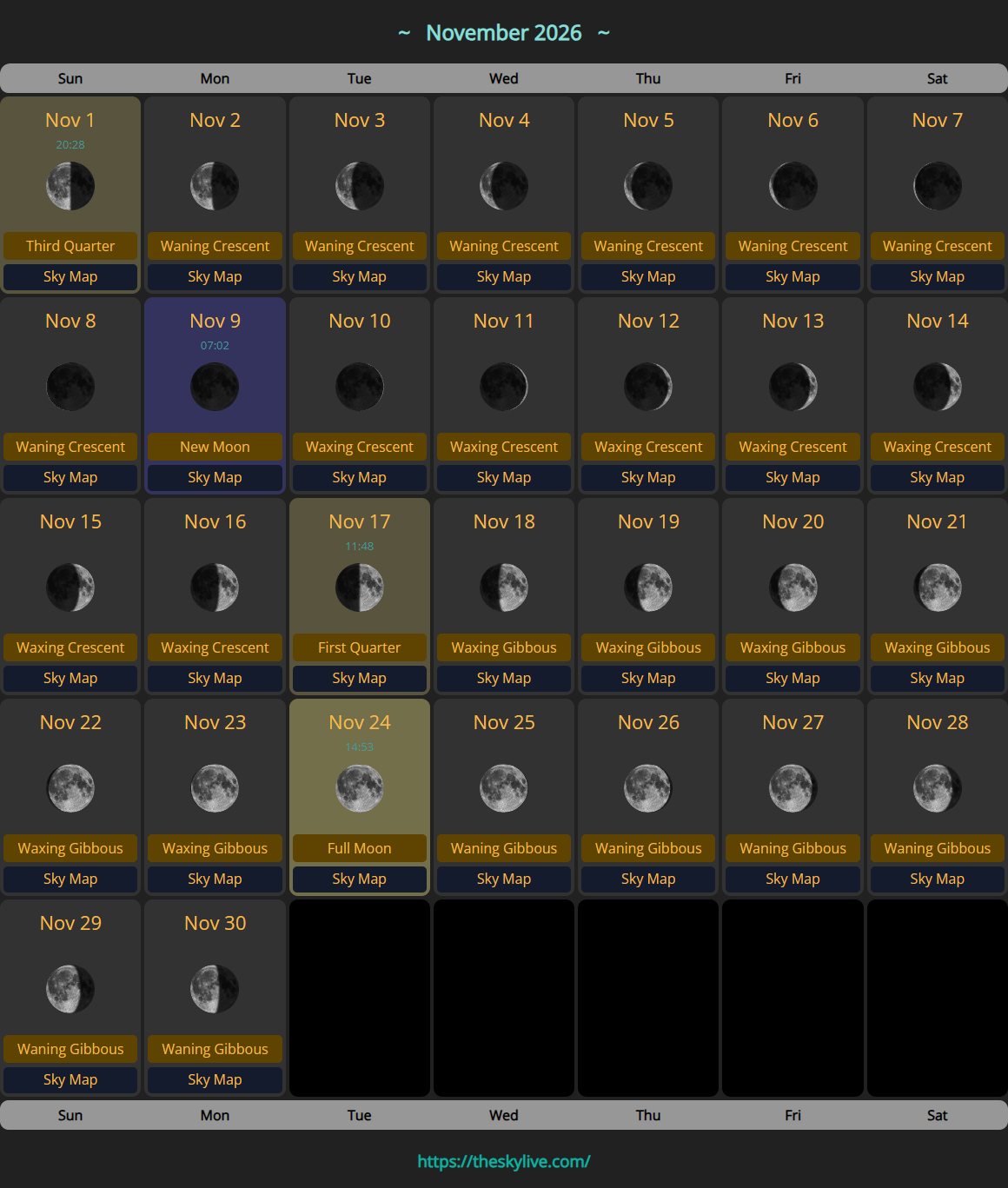 Moon Calendar: November 2026 | Theskylive inside Full Moon Calendar 2026 November