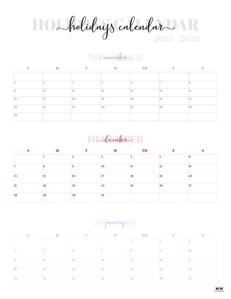 November December 2025 Calendars - 28 Printables | Printabulls throughout November December 2025 - January 2026 Printable Calendar