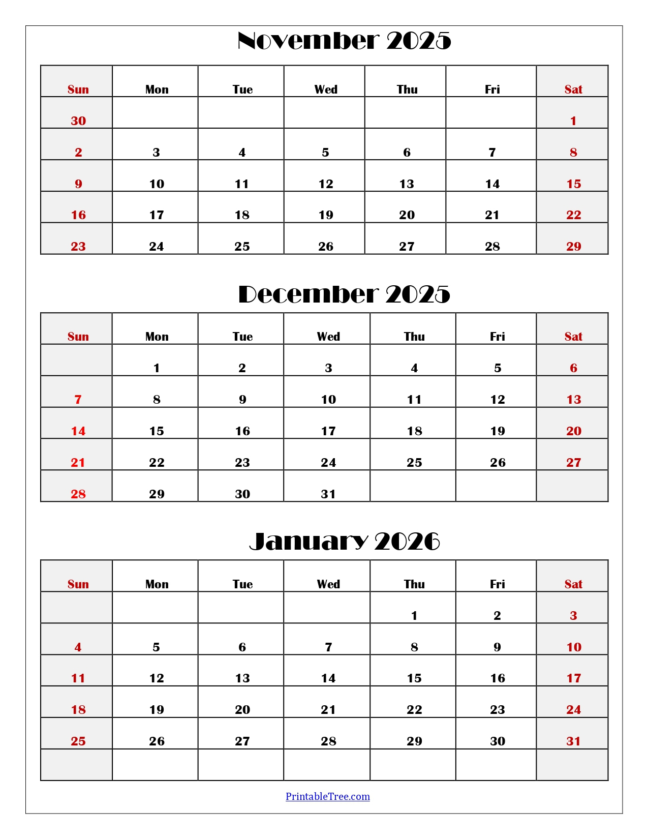 November To January 2026 Calendar Printable Pdf | Three Months with November December 2025 - January 2026 Printable Calendar