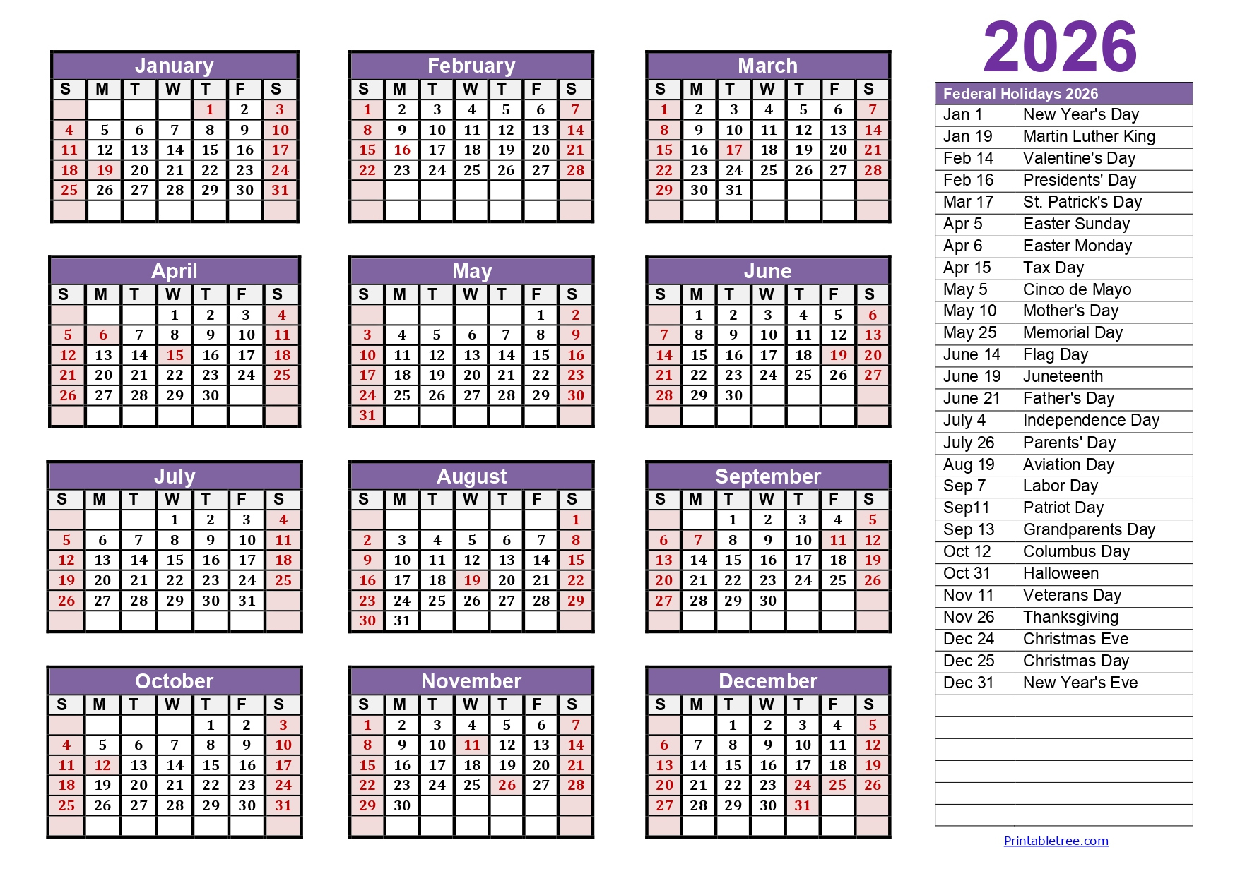 Printable Calendar 2026 One Page With Holidays (Single Page) 2026 intended for 2026 Calendar Year with Holidays