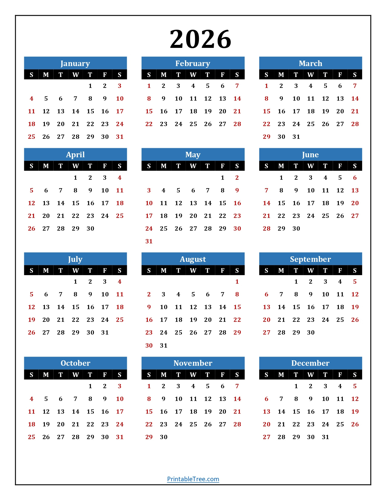 Printable Calendar 2026 One Page With Holidays (Single Page) 2026 pertaining to Free Printable Julian Calendar 2026