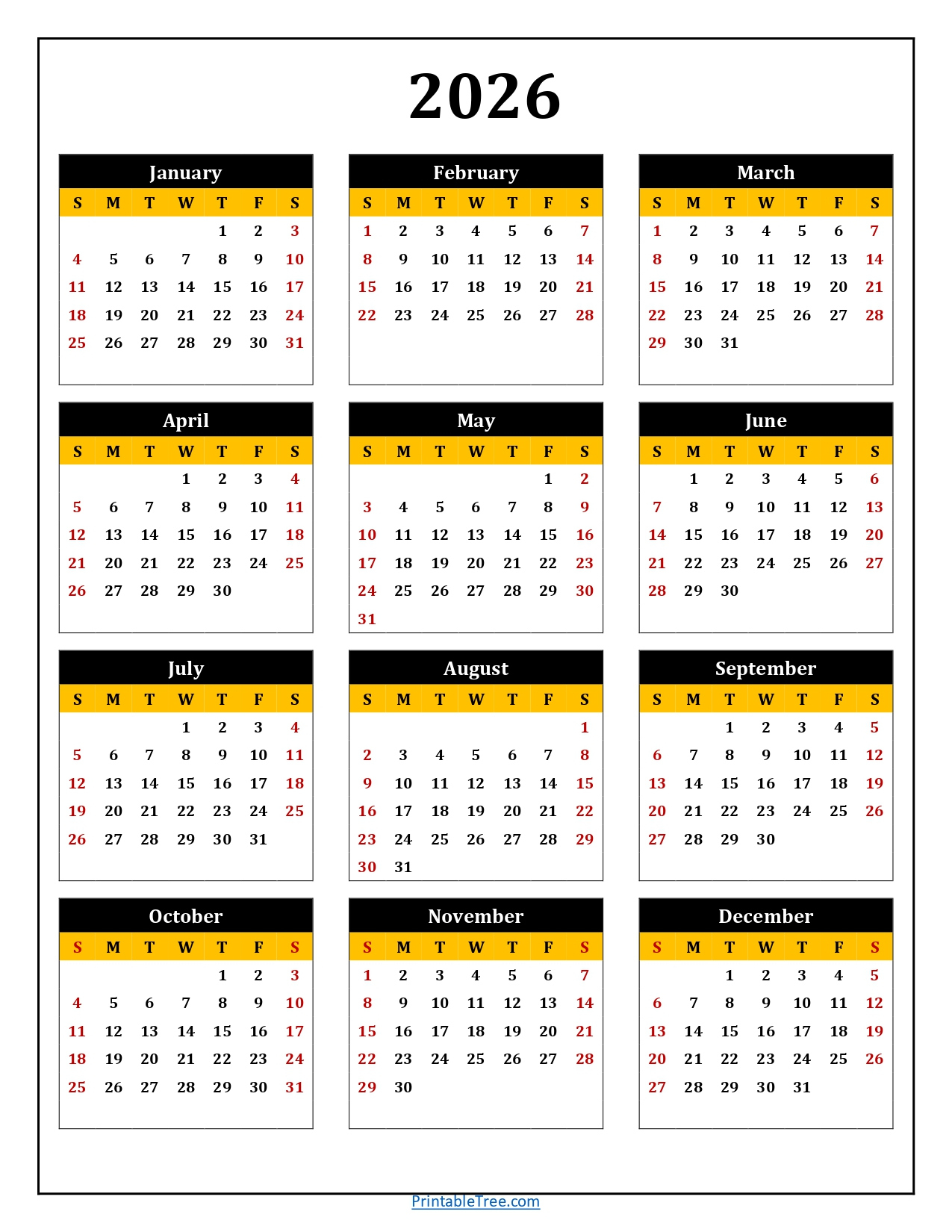 Printable Calendar 2026 One Page With Holidays (Single Page) 2026 throughout Yearly 2026 Calendar
