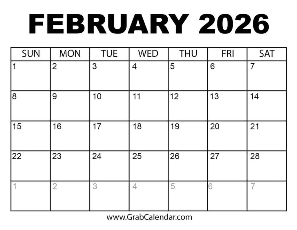 Printable February 2026 Calendar for National Day Calendar February 2026