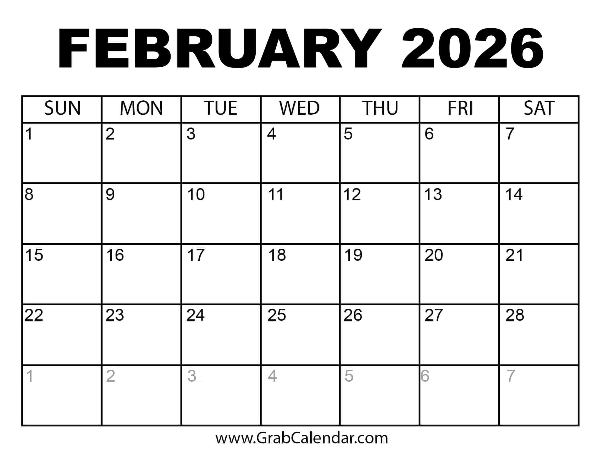 Printable February 2026 Calendar throughout February 2026 Calendar Page